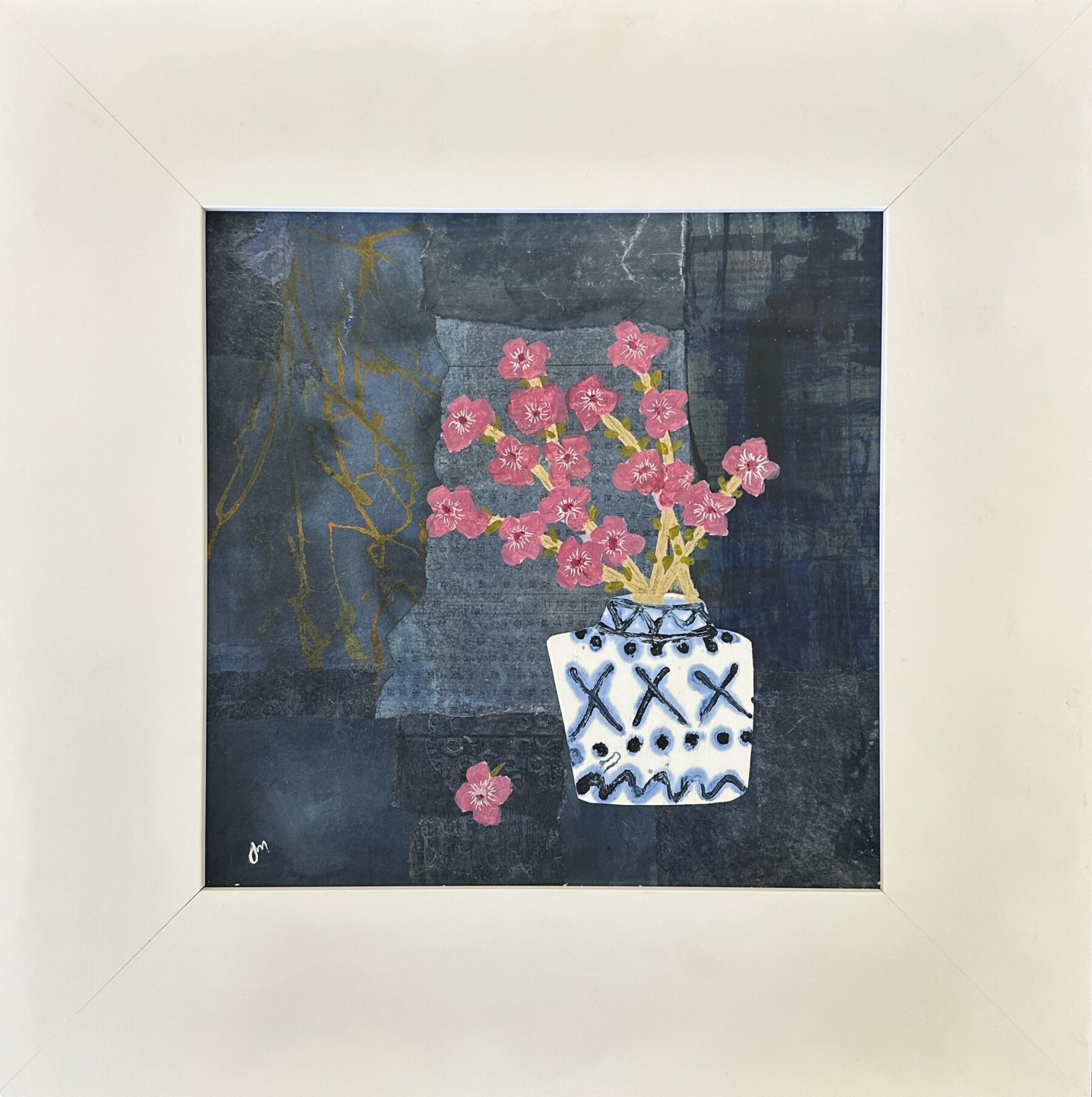 Boro Blues with Cherry Blossom
Mixed media & collage
Framed with Art Glass
Available at The Little Gallery Whangamata