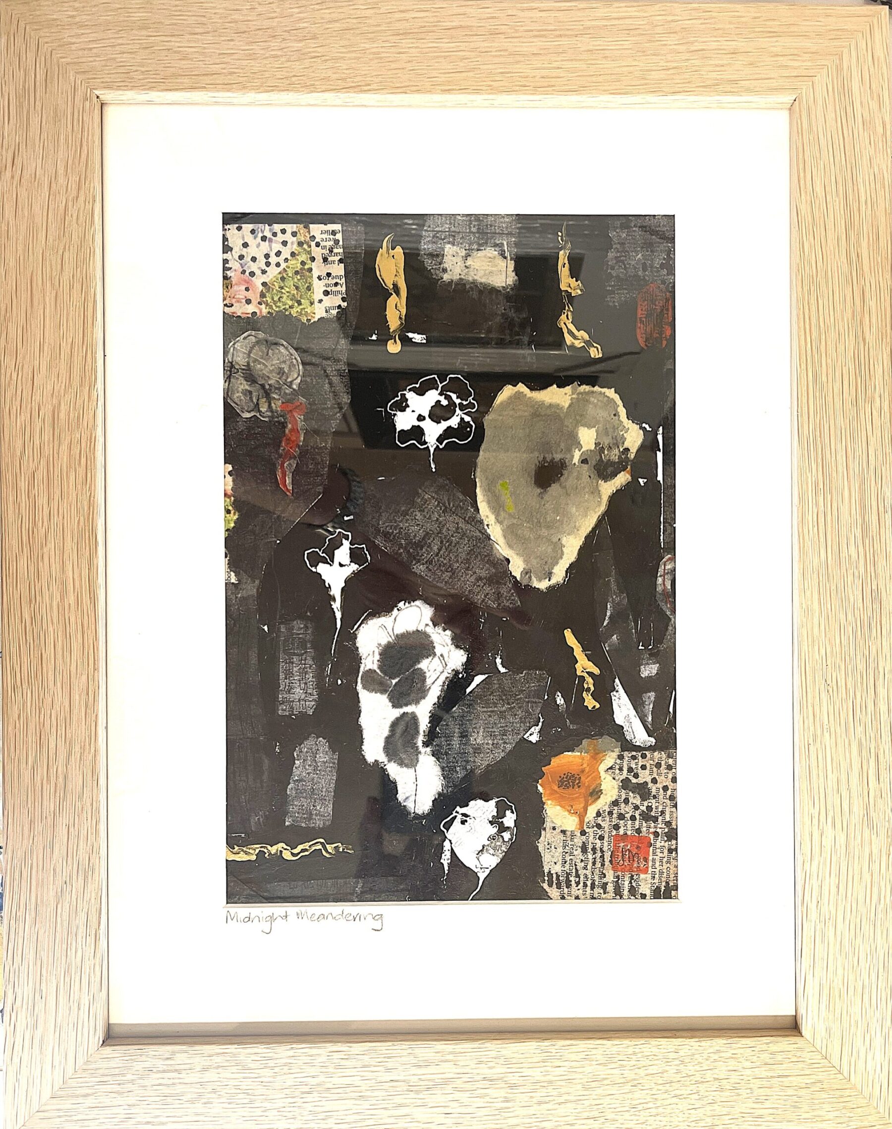 Midnight Meanderings
Mixed media collage.   SOLD
Framed with Art Glass