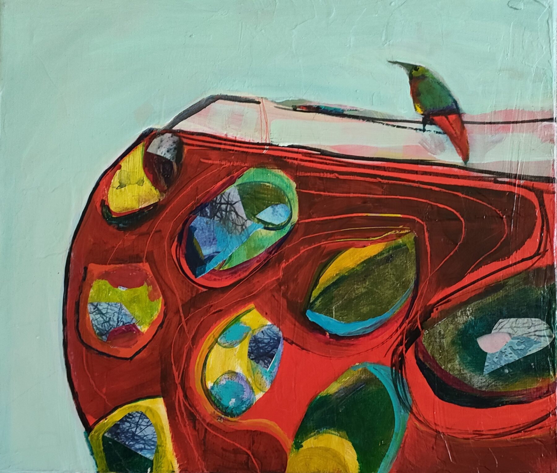 "On Line" Acrylic on canvas.
Size - Small (but beautifully formed lol)
310 mm high x 360 mm wide
For Sale.