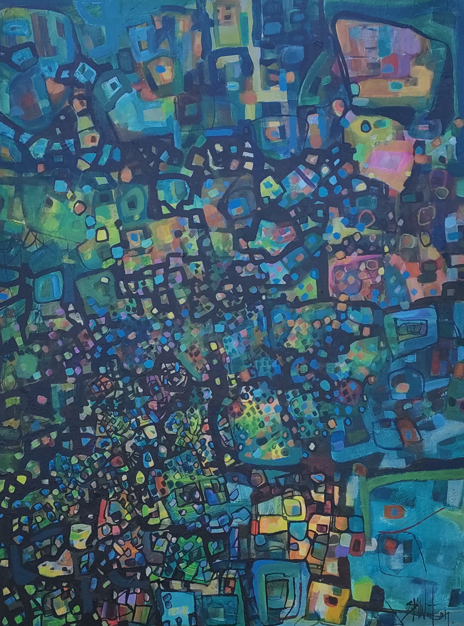 "Working from Home" Mixed media on linen.
Size - large - 1220 mm high x 910 mm wide.
For Sale