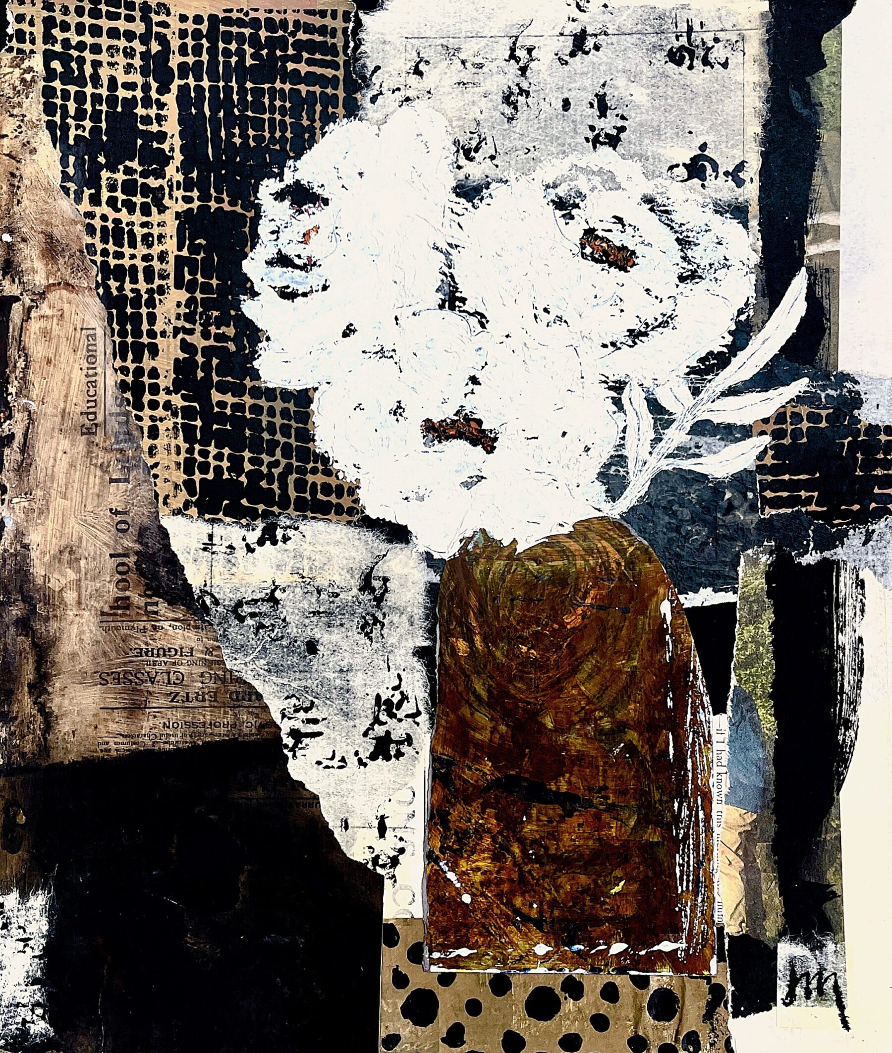 Three White Peonies
Mixed media collage
Framed in a wide black frame 
 485mm h x 445mm w