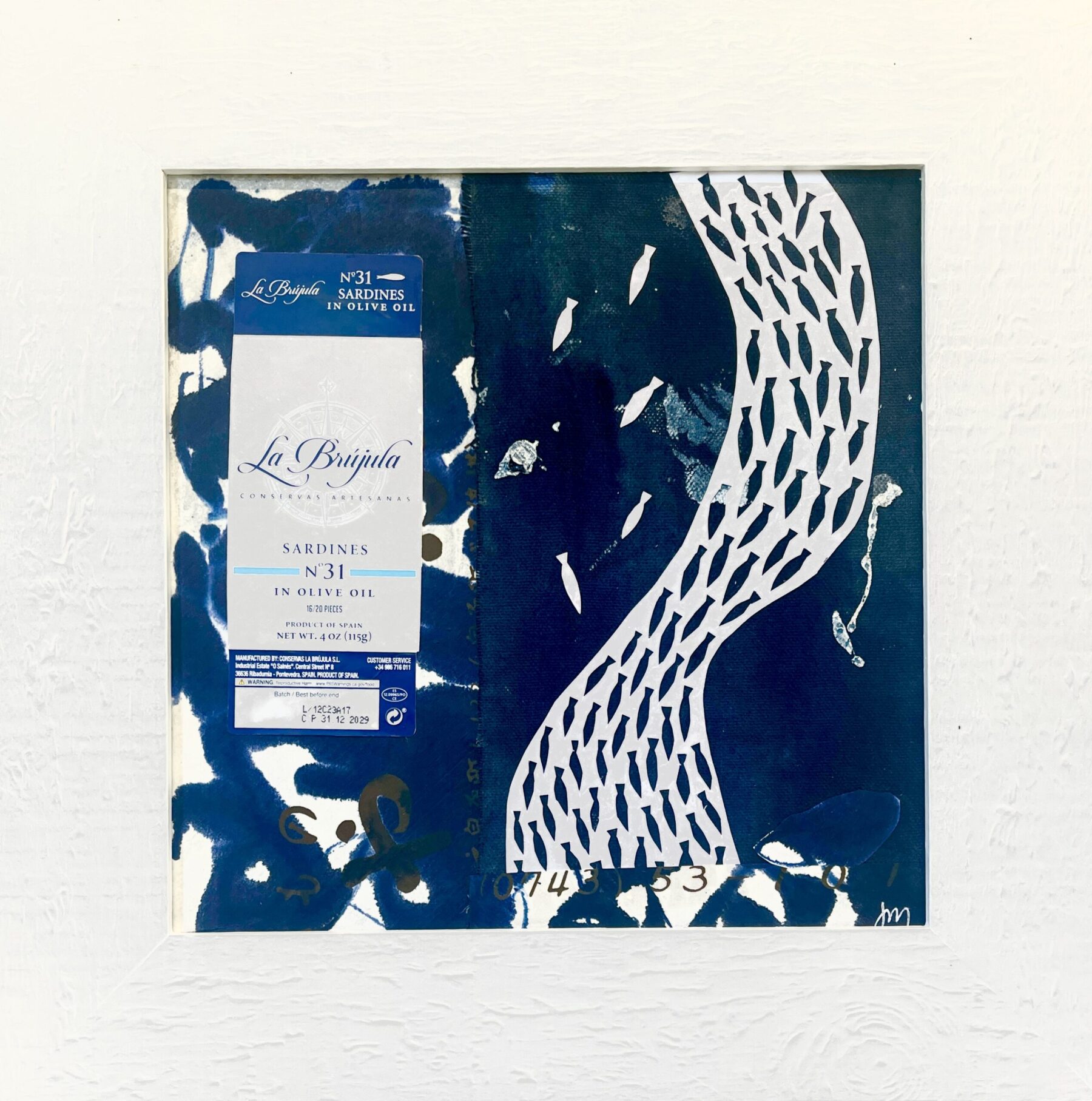 Sardines From Bells
Mixed media collage
Framed with Art Glass